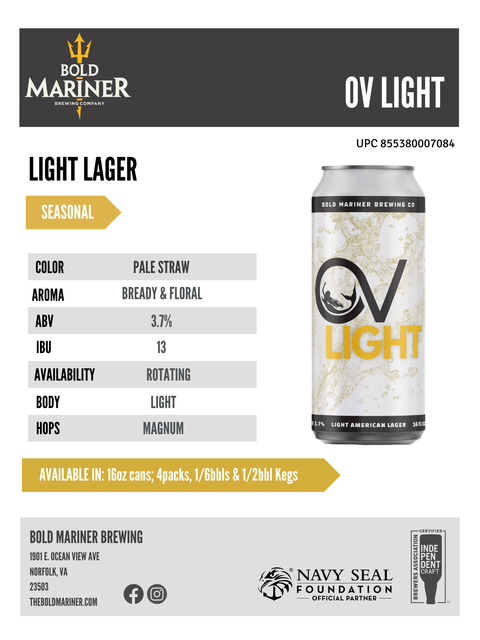 Sales sheet for Bold Mariner Light Lager OV Light