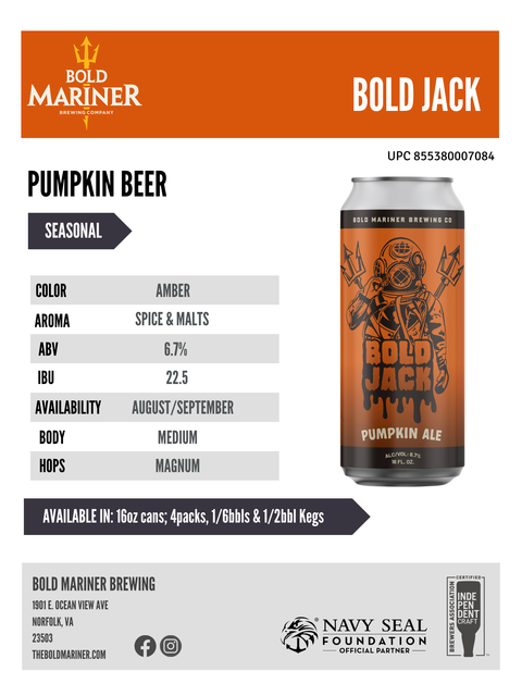 Sales sheet for Bold Mariner Pumpkin Beer Bold Jack