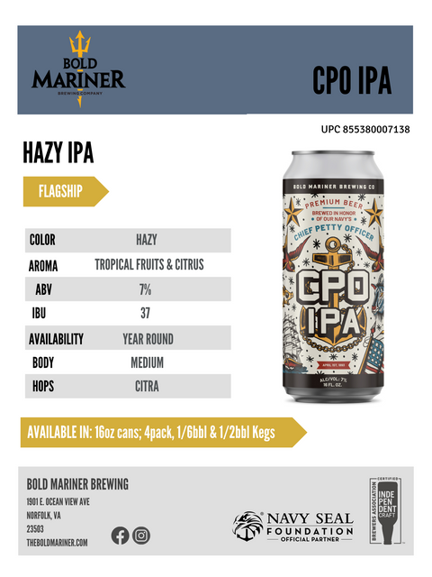 Sales sheet for Bold Mariner Hazy IPA CPO IPA