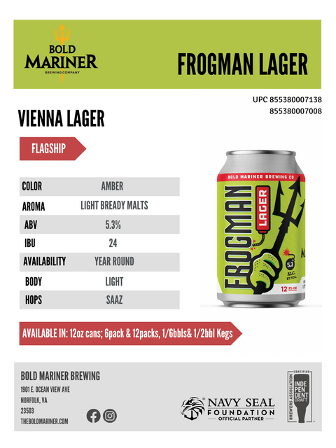 Sales sheet for Bold Mariner Vienna Lager Frogman Lager