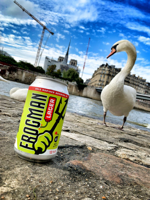 Frogman Lager can with swans and a cityscape in the background in London