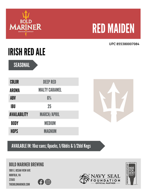Sales sheet for Bold Mariner Irish Red Ale Red Maiden