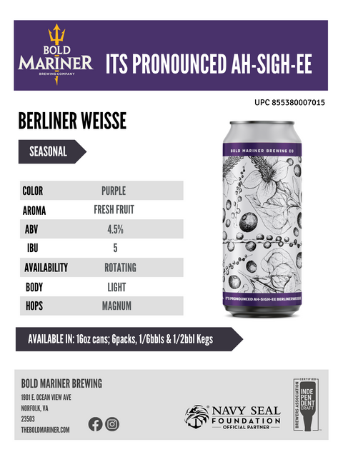 Sales sheet for Bold Mariner Berliner Weisse